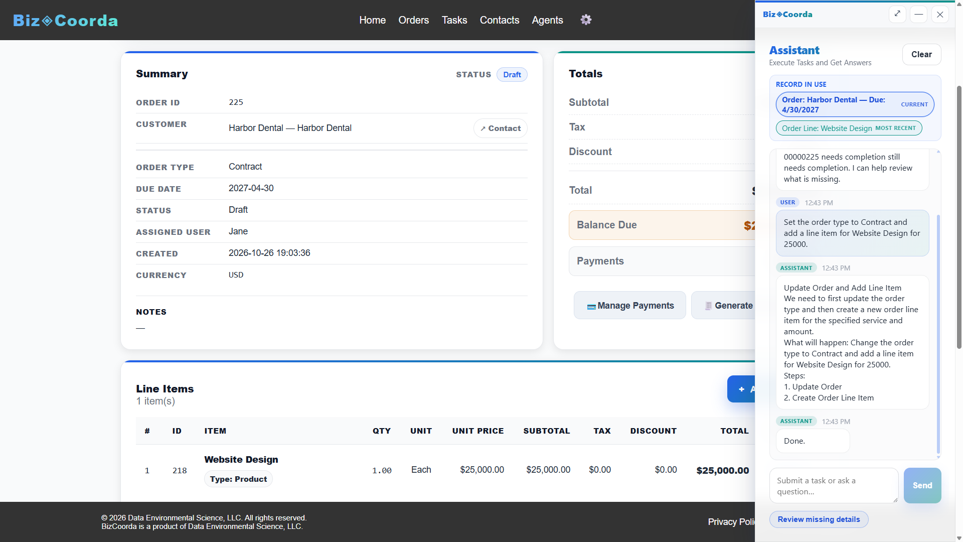 BizCoorda business operations dashboard showing orders, follow-ups, and work tracking.